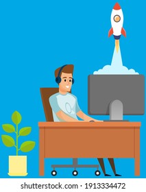 Startup business project progress and success, man programmer using laptop to control rocket in space. Creative innovation development, business mission achievement. Entrepreneur opportunity strategy