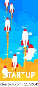 Startup business project rocket flying over blue clouds Vector illustration