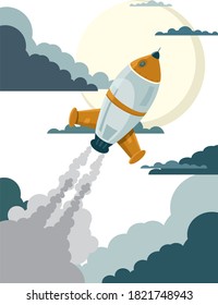 Startup-Business-Projekt, Rakete, die über Wolken fliegt. 