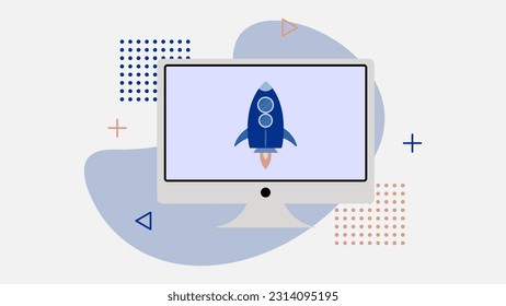 Empresa de inicio, proyecto de negocio o inicio con envío de espacio en pantalla de computadora. Antecedentes de la planificación empresarial y el concepto de estrategia. Ilustración vectorial.