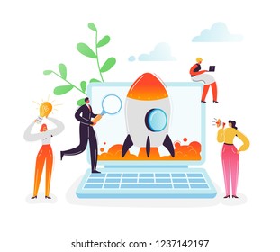 Startup Business Project Teamwork Concept. Business Characters Launching Rocket from Laptop. Modern Technology Management and Innovation Idea with People. Vector illustration