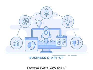 Startup business project thin line flat vector illustration infographic, Business development, Business strategy, analytics for landing page, web banner, web design, presentation