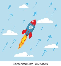 Startup business project vector concept illustration. Rocket with arrows in the clouds. Modern flat style