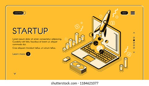 Startup business project vector illustration in thine line isometric design on yellow halftone background. Rocket launch start up creative idea and computer with money and commerce diagrams