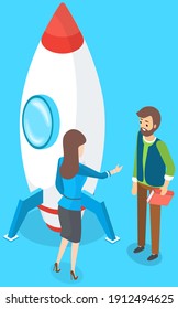 Startup business project, woman talking to man with book standing near rocket ready to fly into space. Creative innovation development, business mission achievement. Entrepreneur opportunity strategy