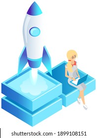 Startup business project, woman is using laptop to control rocket in space. Creative innovation development, business mission achievement isometric vector. Entrepreneur opportunity strategy