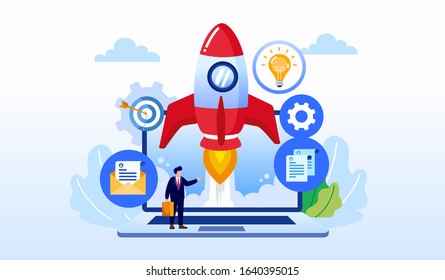 Startup business, rocket, development technology, creative idea landing page website illustration flat vector template