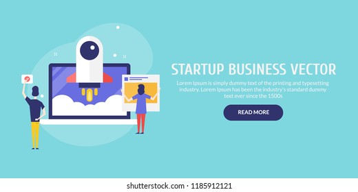 Startup business, Rocket launch, businessman launching startup business on internet flat design vector with characters and icons