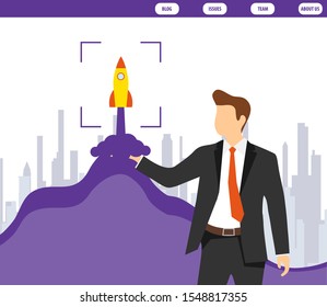 Startup business. A rocket takes off from the palm of a businessman. Startup concept of a new business. Vector, cartoon illustration of success. Vector.