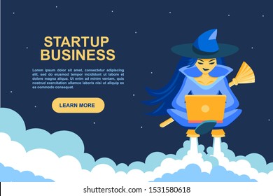 Startup business. Seasonal autumn Halloween landing for sites. The witch prints and programs on laptop her idea for starting a business. Sorceress concentrated takes off. Vector flat illustration.