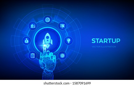 Startup. Business start up. Idea through planning and strategy. Venture investment business and development concept on virtual screen. Robotic hand touching digital interface. Vector illustration.