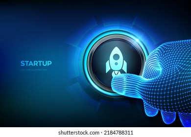 Startup. Business start up. Idea through planning and strategy. Venture investment business and development concept on virtual screen. Closeup finger about to press a button. Vector illustration.