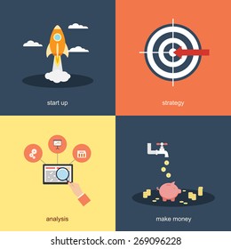 Startup business strategy analysis and make money flat design modern concept business icons set. template elements for web and mobile applications