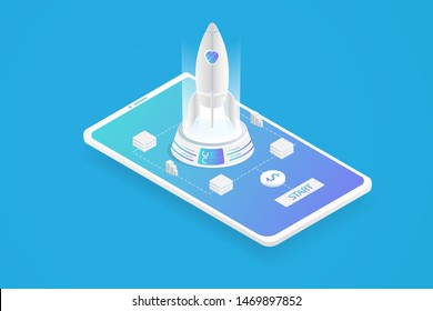 Startup business strategy and financial or fin-tech business. Isometric rocket take off with hi-tech machine can be use the landing page background. 