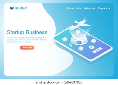 Startup business strategy and financial or fin-tech business. Isometric rocket take off with hi-tech machine can be use the landing page background. 