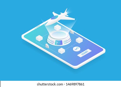 Startup business strategy and financial or fin-tech business. Isometric rocket take off with hi-tech machine can be use the landing page background. 