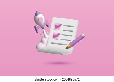 Startup business and survey concept on purple background. Rocket icon 3d vector illustration design.