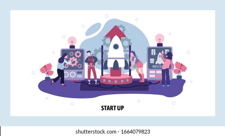 El equipo de emprendimiento construye un cohete. Iniciar el lanzamiento. Trabajo en equipo, tecnología, ingeniero, mecánico. Plantilla de diseño de sitios web vectores. Ilustración del sitio web de la página de destino