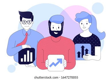 Startup business team with icons of growth and investment projects. Teamwork success. Flat design business people concept. Vector illustration for web banner business presentation advertising material