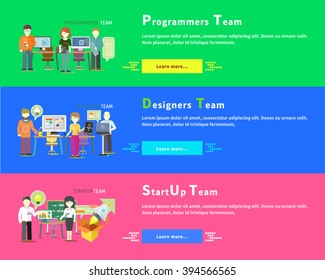 Startup business team people group flat style. Programmers team people. Programming and computer programmer, development and code. Designers team. Graphic design, web designer, architect and teamwork