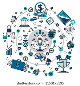 Startup business and teamwork concept circular composition in flat line stile. Creative vector illustration with a lot of business icons. Can be used for web, graphic design and brochure.