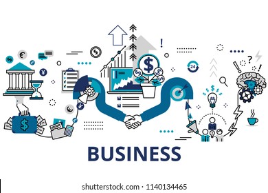 Startup business and teamwork concept horizontal banner in flat line stile. Creative vector illustration with a lot of business icons. Can be used for web, graphic design and brochure.