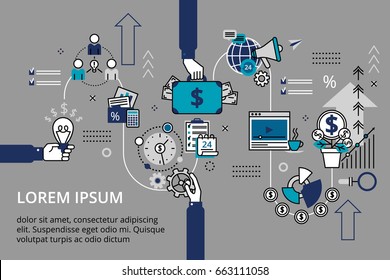 Startup business and teamwork concept horizontal banner in flat line stile. Creative vector illustration with a lot of business icons. Can be used for web, graphic design and brochure.