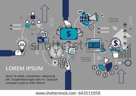 Startup business and teamwork concept horizontal banner in flat line stile. Creative vector illustration with a lot of business icons. Can be used for web, graphic design and brochure.