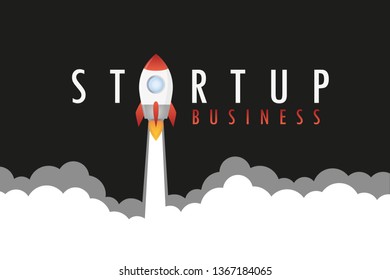 startup business text concept rocket launch with smoke vector illustration EPS10