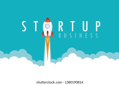 startup business text concept rocket launch with smoke vector illustration EPS10