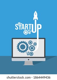 startup business typography with computer monitor vector illustration. technology startup business concept