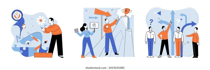 Vektorgrafik des Startup-Unternehmens. Startup-Entwicklung umfasst kontinuierliche Forschung und Analyse von Markttrends Der Erfolg des Startup-Geschäfts hängt von der Wirksamkeit seiner Marketingstrategien ab