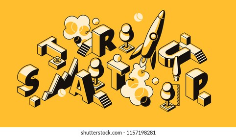 Startup business vector illustration of rocket or project launch. Start up letters and creative idea development in isometric black thin line design on yellow halftone background