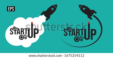 Startup business Vector illustration typography, word lettering, startup logo, symbol icon EPS illustration with bulb, rocket, isolated on yellow background