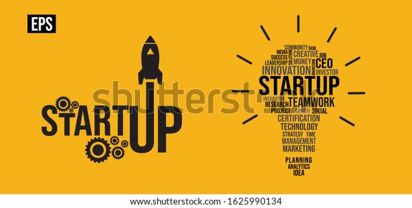 Startup business Vector illustration\
typography, word lettering, startup logo, symbol icon EPS\
illustration with bulb, rocket, isolated on yellow\
background