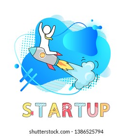Startup business vector, man wearing tie businessman riding flying launches rocket with smoke, development of project, successful job and results