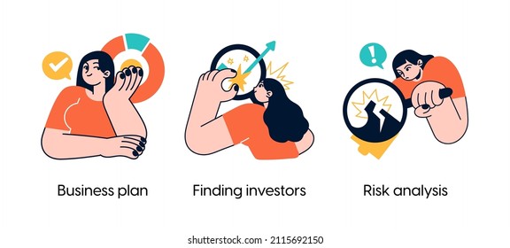 Startup businesses stages - set of business concept illustrations. Business plan, finding investors, risk analysis. Visual stories collection