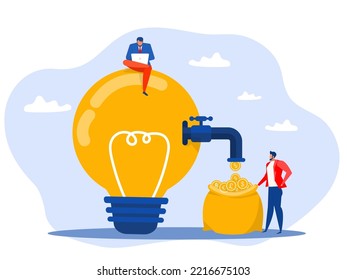 Startup  businessman get money from revenue faucet flowing from lightbulb idea to make money, earning or profit from business creativity