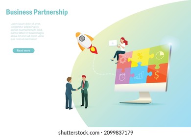 Startup businessman handshake with launching rocket and jigsaw puzzles on computer screen. Business startup, partnership collaboration, investment and digital marketing concept.