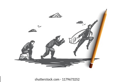 Start-up, businessman, superhero, idea, development concept. Hand drawn man in superhero cape moving forward concept sketch. Isolated vector illustration.