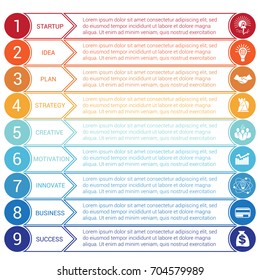Startup bussines minimal infographic templates from circles and horizontal colorful arrows 9 positions