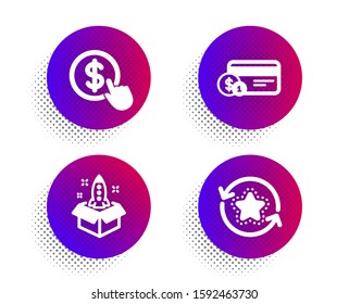 Startup, Buy currency and Payment method icons simple set. Halftone dots button. Loyalty points sign. Innovation, Money exchange, Cash or non-cash payment. Bonus reward. Finance set. Vector
