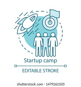 Startup Camp Concept Icon. Investors, Shareholders Help Idea Thin Line Illustration. Company, Business Employee Bootcamp. Fresh Corporation Assistance. Vector Isolated Outline Drawing. Editable Stroke