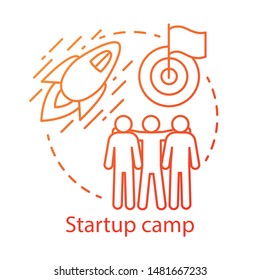 Startup Camp Concept Icon. Investors, Shareholders Help Idea Thin Line Illustration. Company, Business Employee Bootcamp. Fresh Corporation Assistance. Vector Isolated Outline Drawing. Editable Stroke