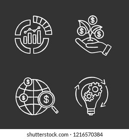 Startup chalk icons set. IPO, seed money, investment research, idea generation. Isolated vector chalkboard illustrations
