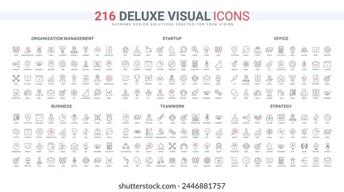 Startup challenge, organization of work process in office and business communication line icons set. Team management and hierarchy, employees protection thin black and red symbols vector illustration