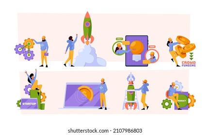 Caracteres de inicio. Ideas comerciales exitosas mejores soñadores gestores de proyectos de inversión empresas y desarrolladores construir un concepto de vector chillón de emprendimientos corporativos