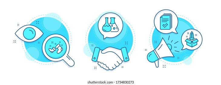 Startup, Chemistry lab and Handout line icons set. Handshake deal, research and promotion complex icons. Santa boots sign. Innovation, Laboratory, Documents example. New year. Business set. Vector