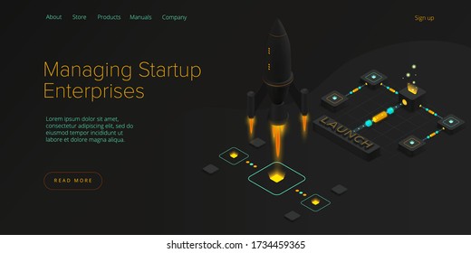 Startup coaching and mentorship concept in isometric vector illustration. Business start up team launching rocket with computer and server. Creative web banner layout template design.