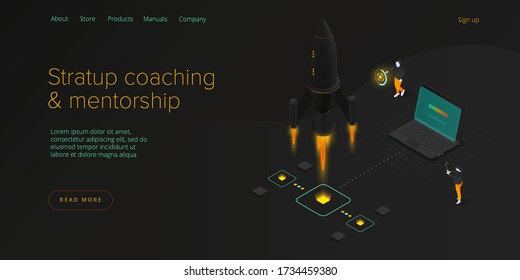 Startup coaching and mentorship concept in isometric vector illustration. Business start up team launching rocket with computer and server. Creative web banner layout template design.